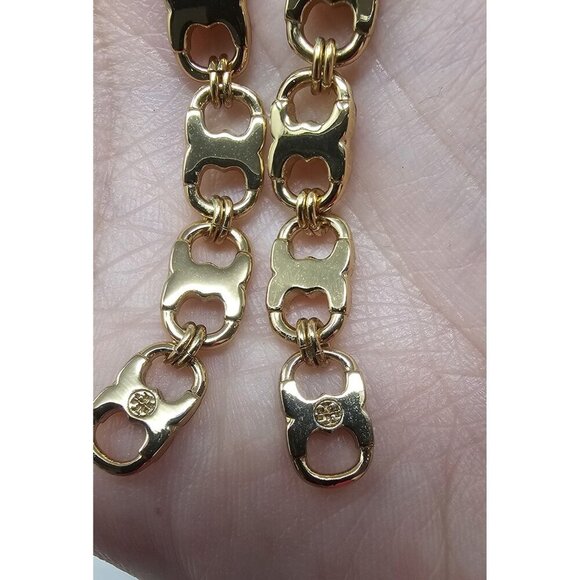 Tory Burch Drop Earrings Gold Tone Logo Gemini Chain Link Dangle Women’s 3" - Picture 4 of 7
